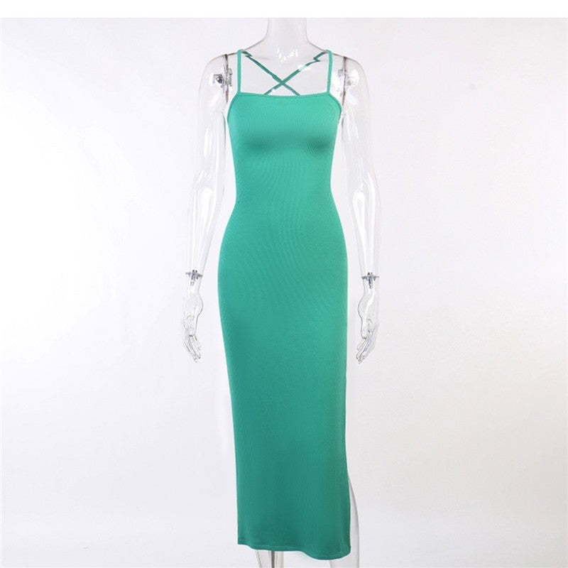 Solid Color Backless Halter Dress with High Split