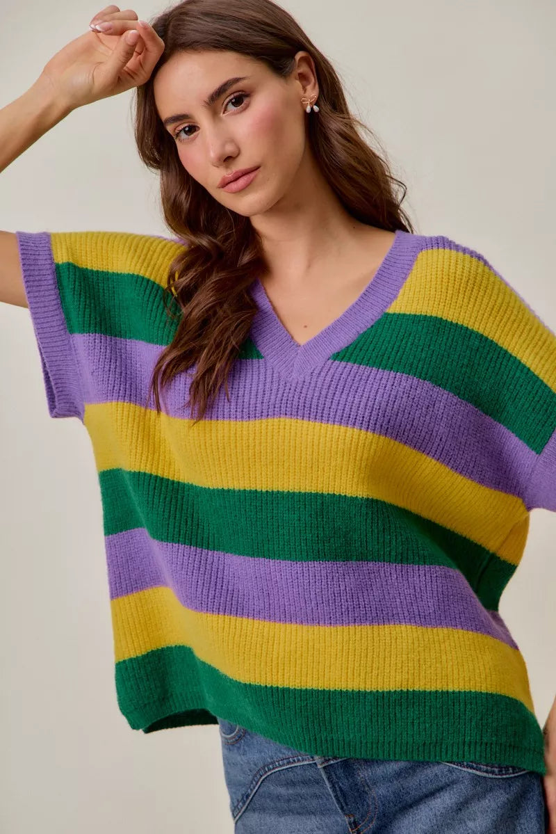 Mardi Gras Loose Fit V Neck Stripe Sweater Top