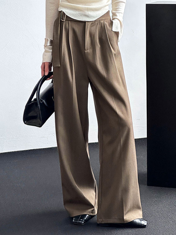 High Waisted Loose Belt Buckle Solid Color Suit Pants Trousers