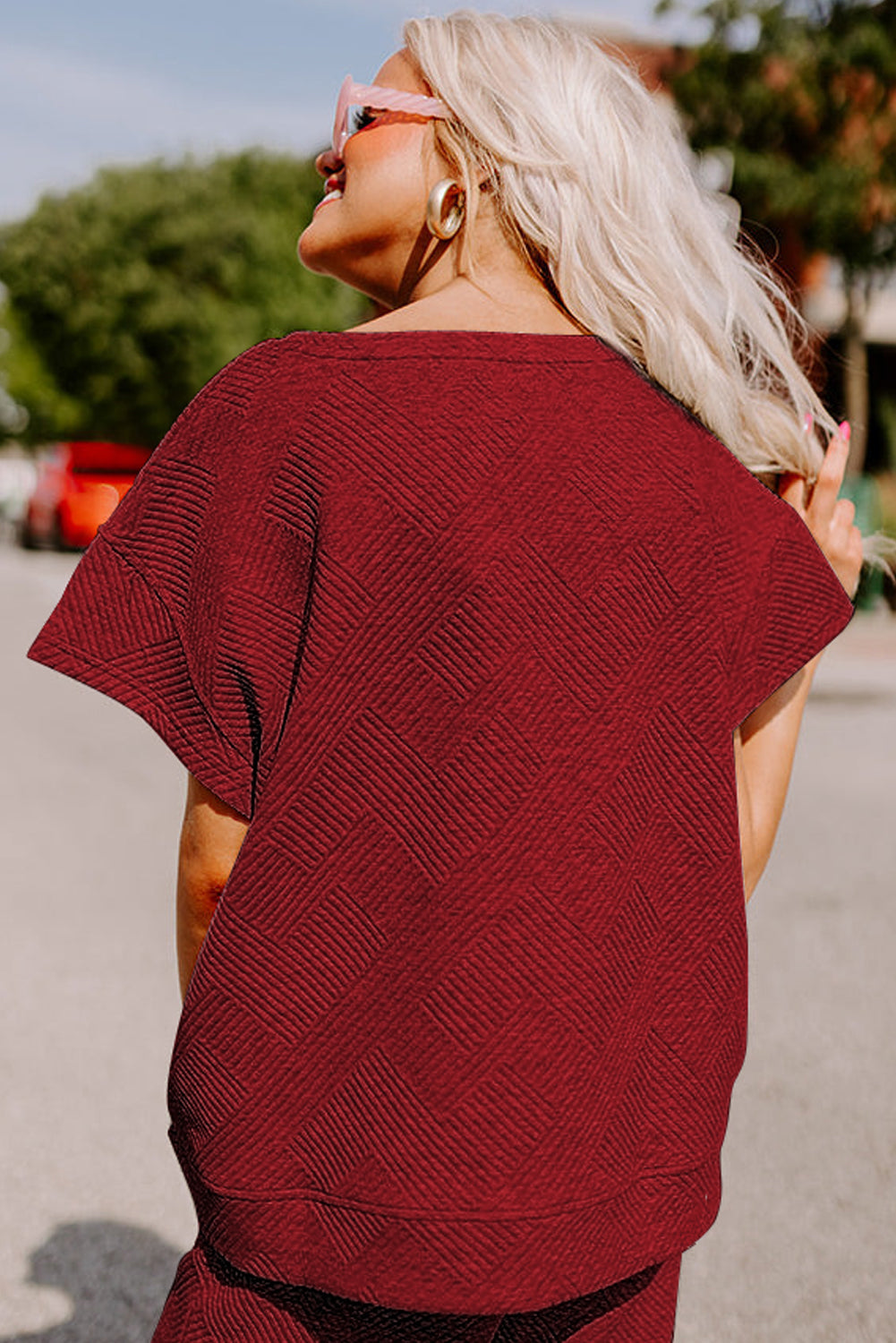 Strawberry Pink Textured Loose Fit T Shirt & Drawstring Pants Set