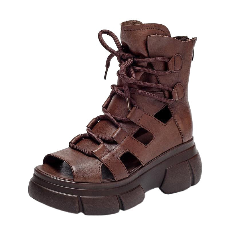Women's Roman Gladiator Sandal Boots | Open Toe Buckle Hollowed-Out Design | Black Brown