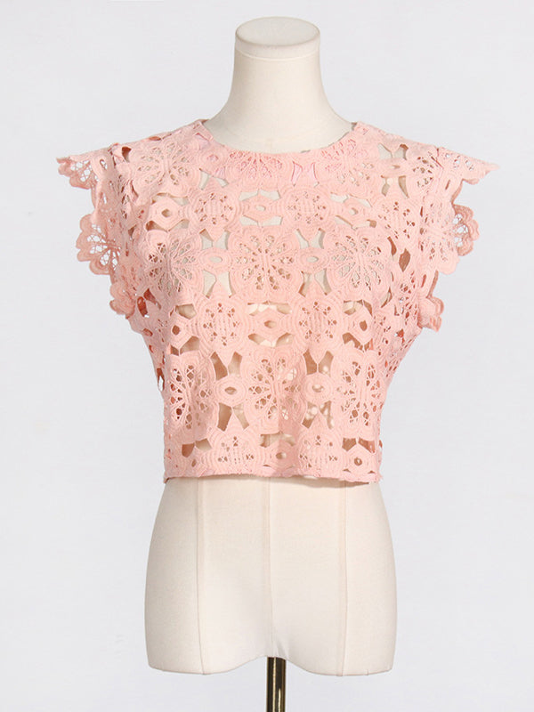 Flower Print Hollow Jacquard Solid Color Round-Neck Vest Top + Ruffle Trim Bodycon High-Low Skirts Bottom Two Pieces Set