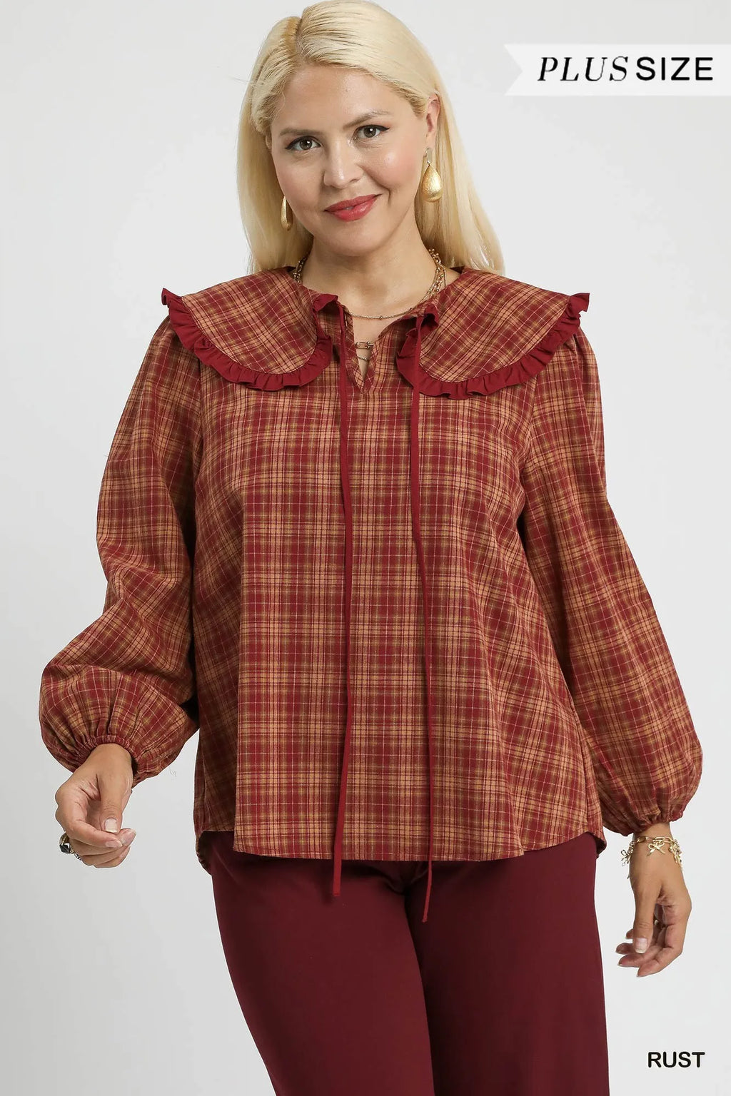 Full Size Plaid Ruffle Collar Blouse Plus Size