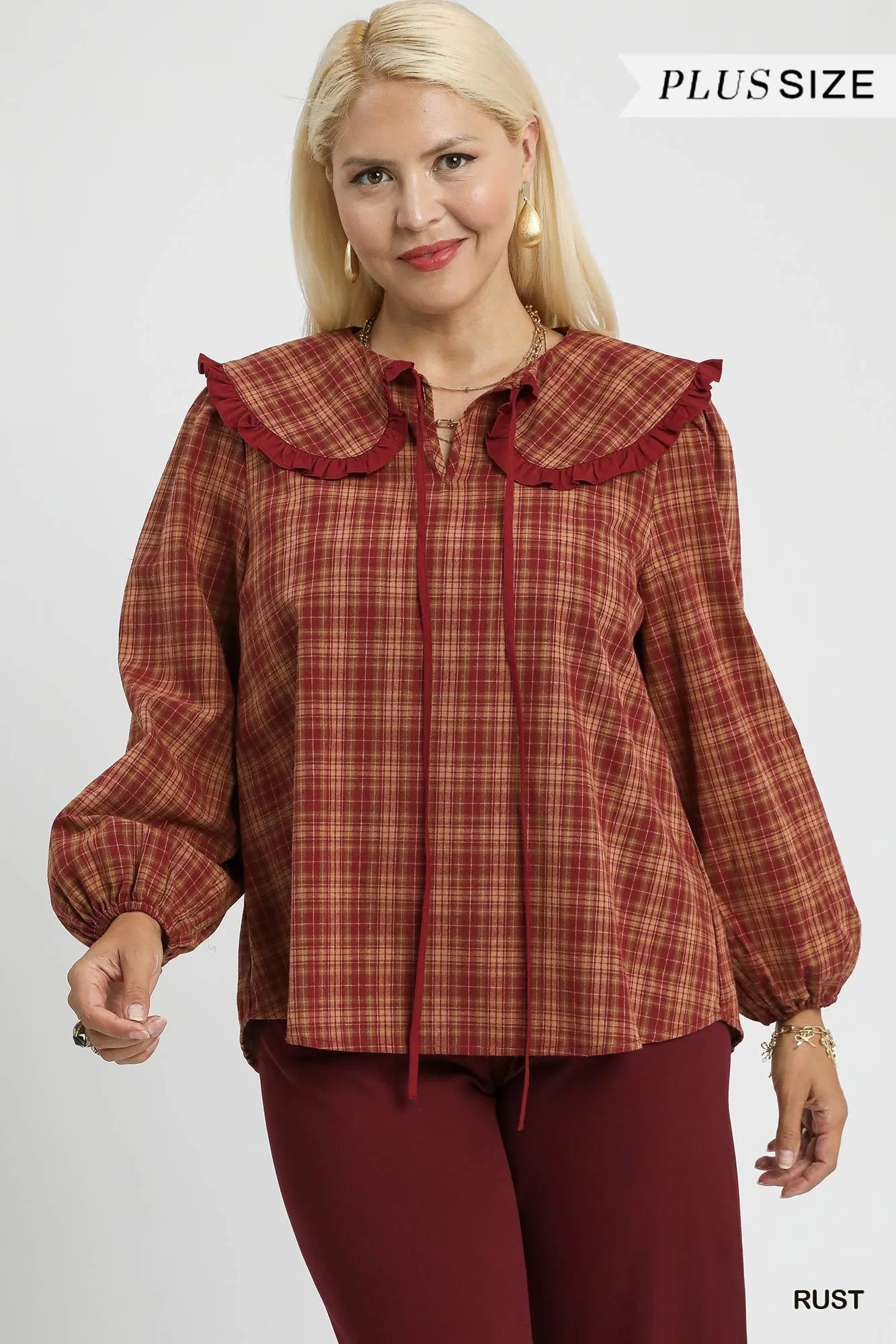 Full Size Plaid Ruffle Collar Blouse Plus Size