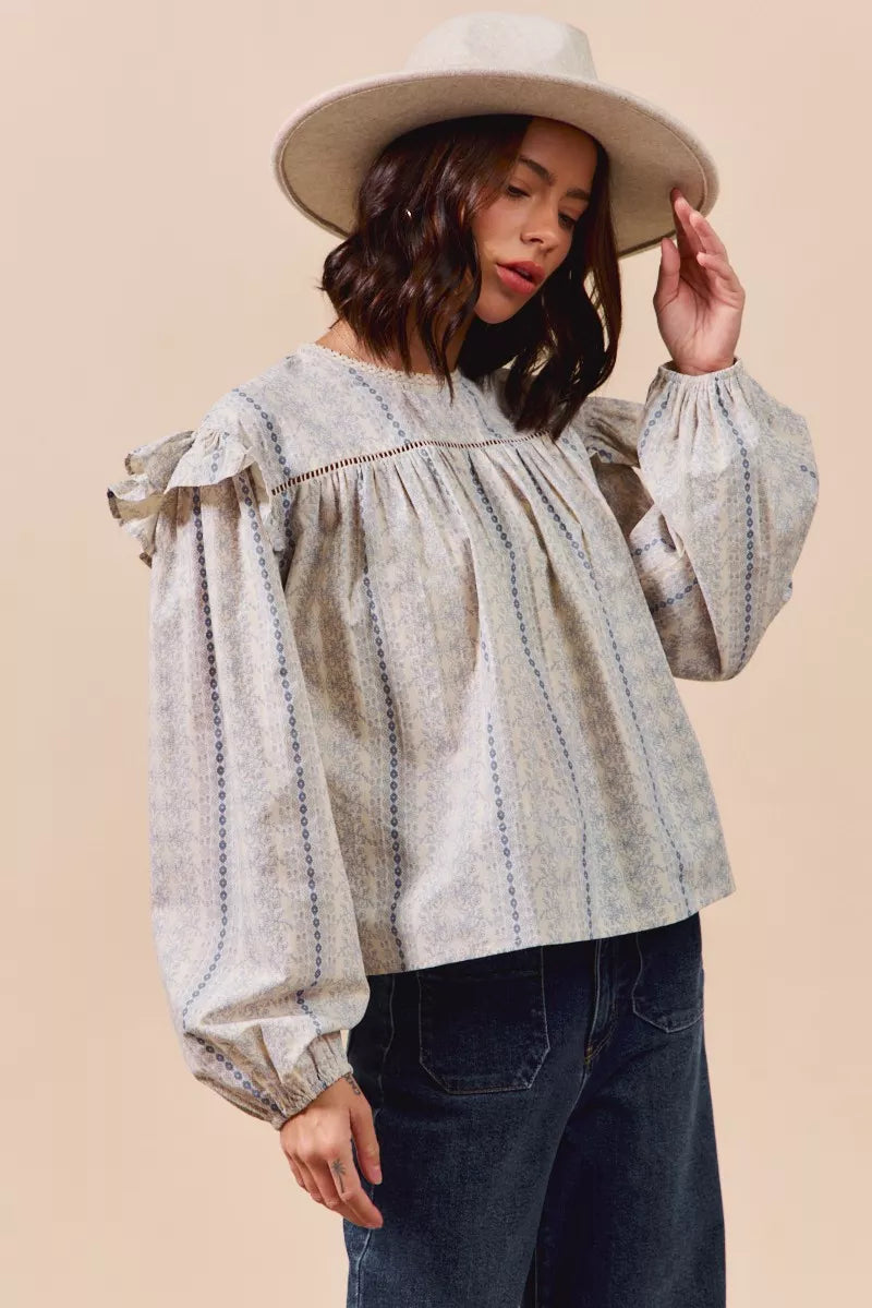 Floral Cotton Print Ruffled Long Sleeve Blouse