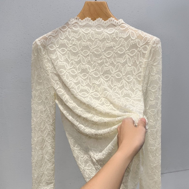 Solid Color Half Turtleneck Long Sleeve Lace Slim Fit Top