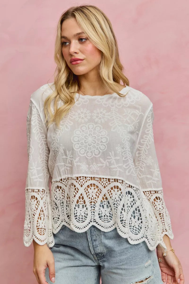 Floral Embroidered Crochet Lace Trimmed Top