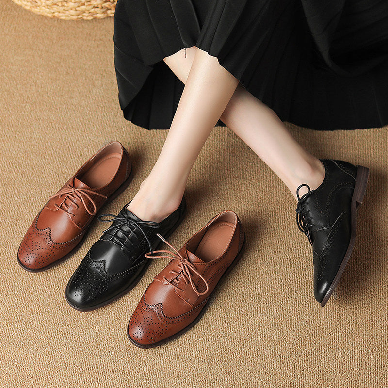 Women's British-Style Lace-Up Peep-Toe Oxford Shoes | Wax Cowhide Leather Flats