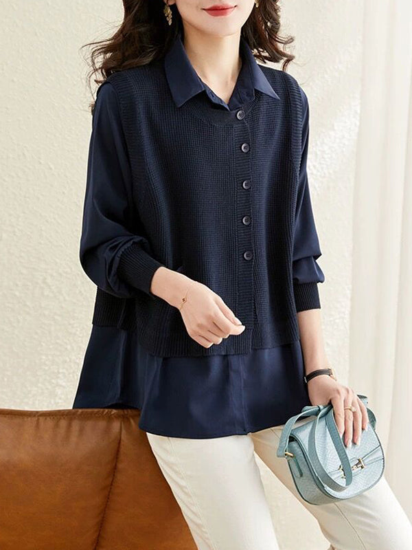 Long Sleeves Loose Solid Color Lapel  Inner Shirt + Buttoned Pockets Outer Knit Vest Two Pieces Set