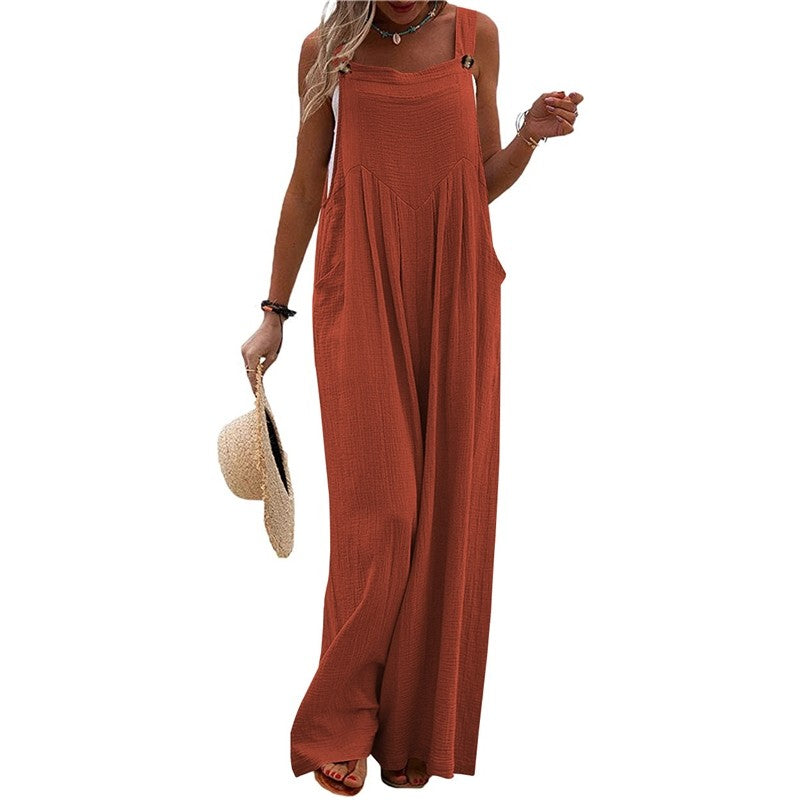 Solid Color Sleeveless Casual Loose Wide Leg Jumpsuits