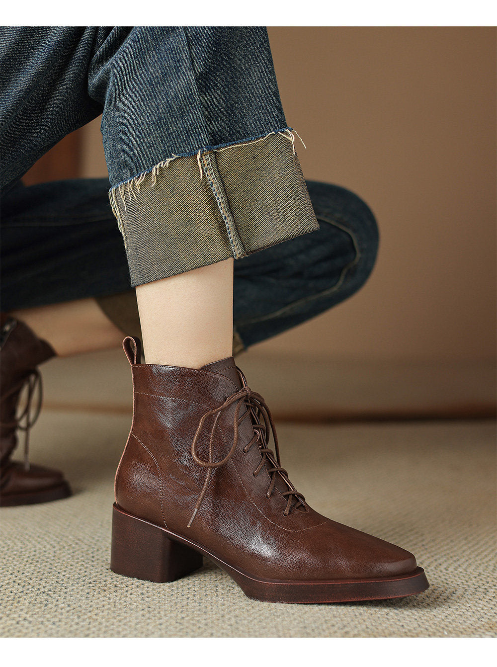 Retro Leather Lace-Up Side Zipper Ankle Boots