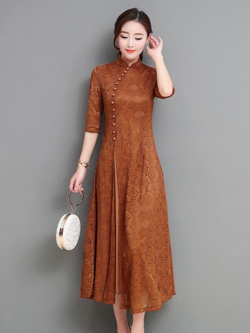 Gray&Coffee Lace A-line Long Cheongsam Ao Dai