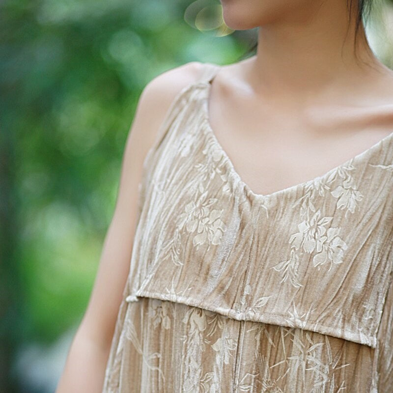 Velvet Printed Camisole Dress in Solid Color