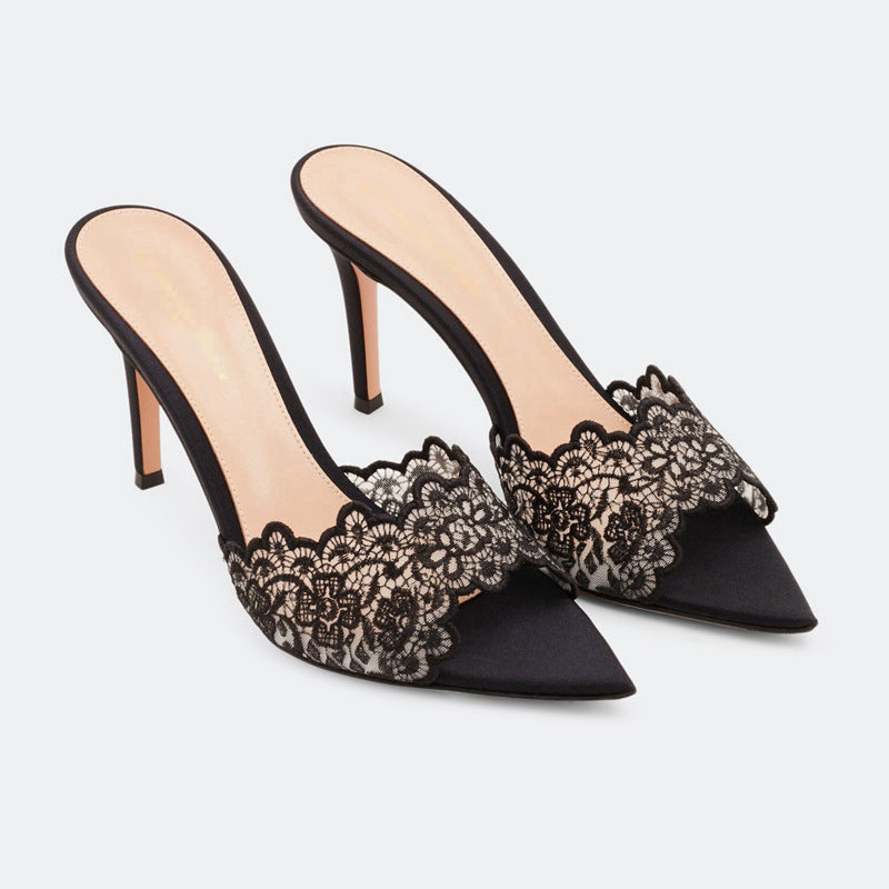 Pointed-Toe Stiletto Heel Lace Mules