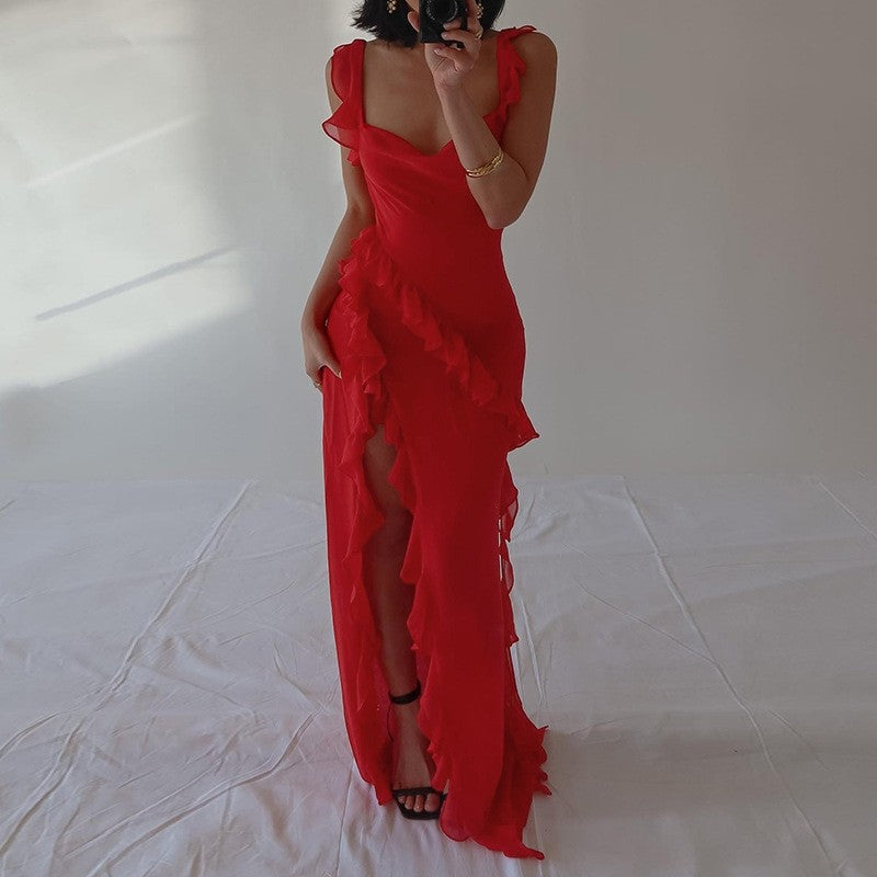 High Slit Ribbon Strap Solid Color Dress