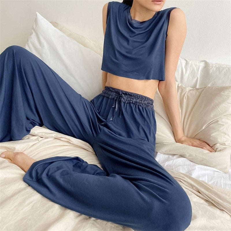 Solid Color Sleeveless Crewneck Tank Top and Wide Leg Pants Set - Loungewear
