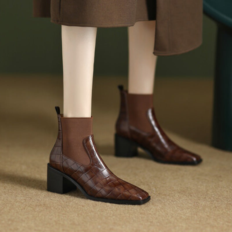 Women's Chunky Heel Square Toe Cowhide Leather Pumps | Minimalist Luxury Heels