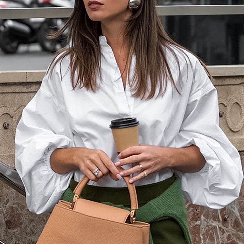 Stylish Commute Shirt with Minimalist Design, Stand Collar, Lantern Sleeves, and Pure Cotton Fabric