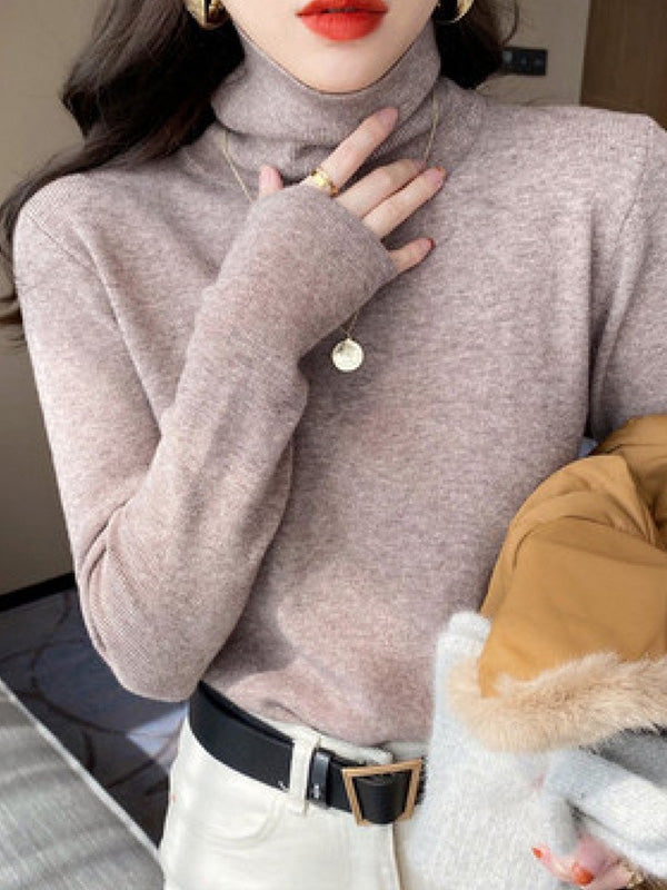 Simple Skinny Long Sleeves Solid Color High-Neck Pullovers