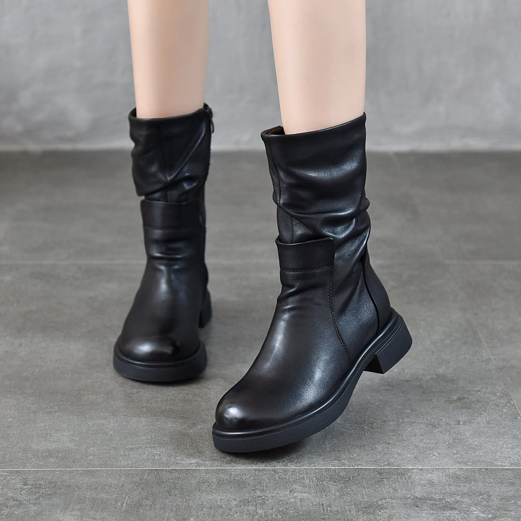 Women's Round Toe Genuine Leather Mid-Calf Boots | Chunky Heel Side Zipper