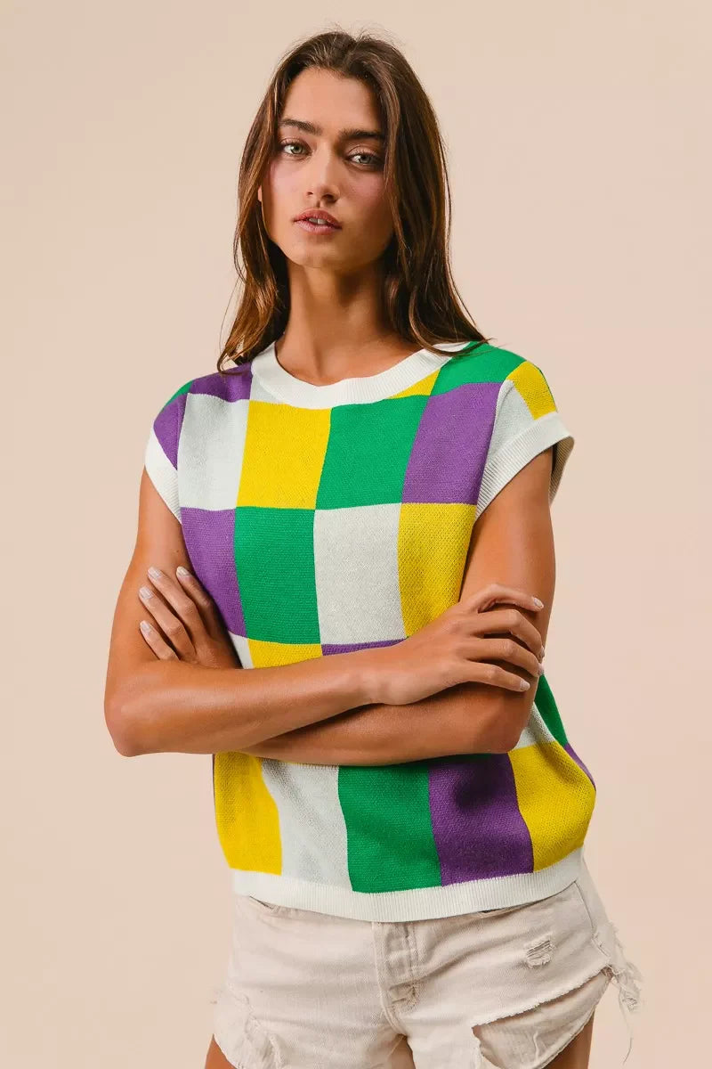 Mardi Gras Checker Pattern Sleeveless Sweater Top