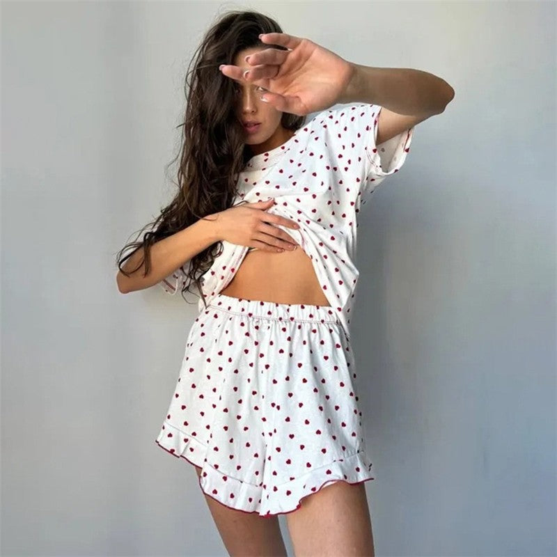 Leaf Print Hem Short Sleeve Pajama Set