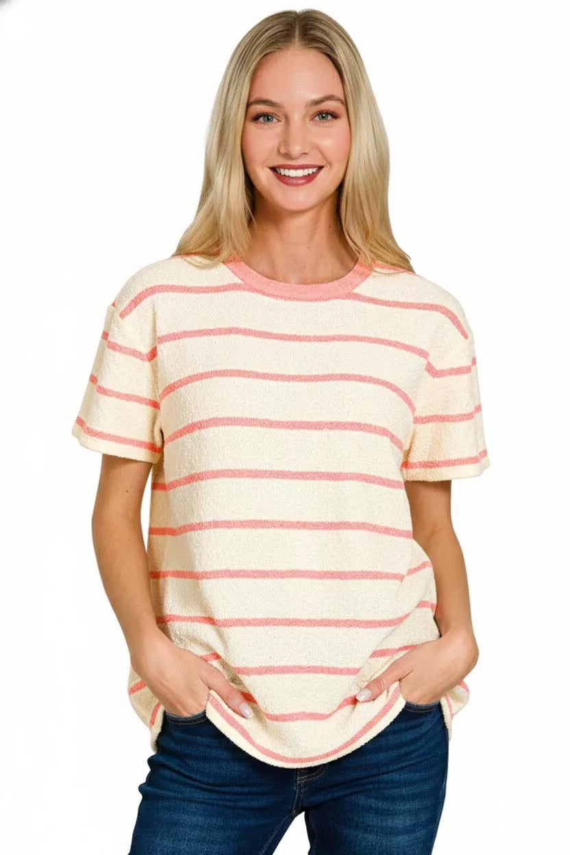 I am a Fashion Junky Textured Striped Crew Neck T-Shirt
