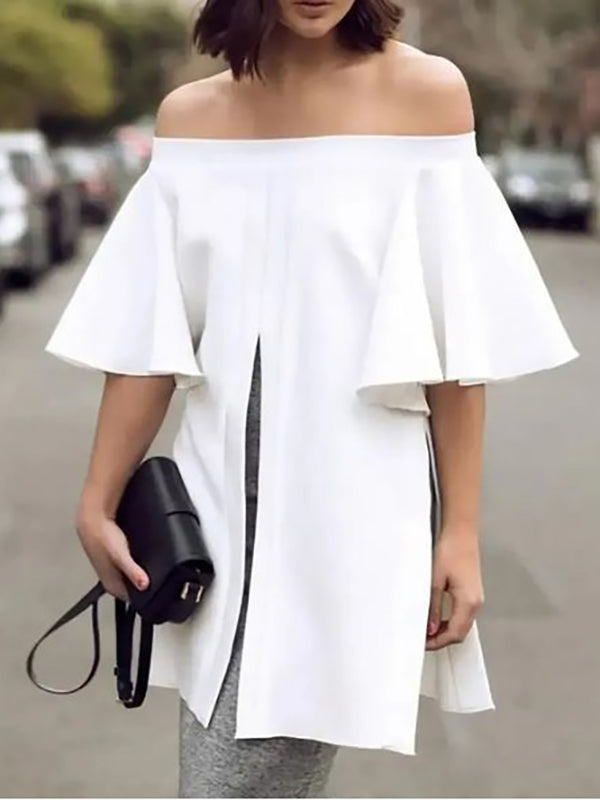 Flared Sleeves Half Sleeves Elasticity Solid Color Split-front Split-side Off-the-shoulder Blouses&shirts Tops