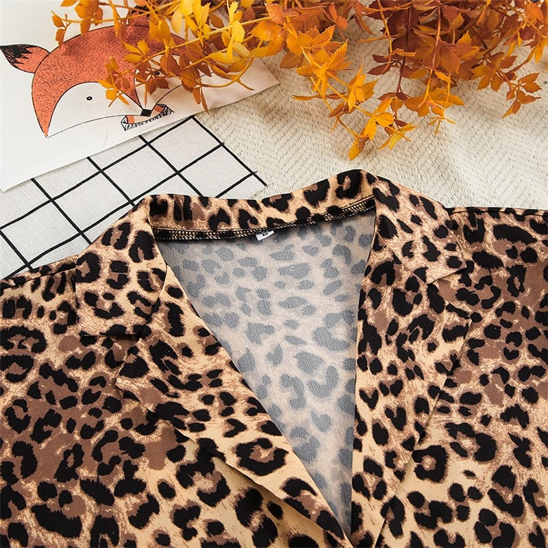 Leopard Print Long Sleeve Lapel Blouse with Waist Tie and Matching Pants Set - Loungewear Pajama Suit