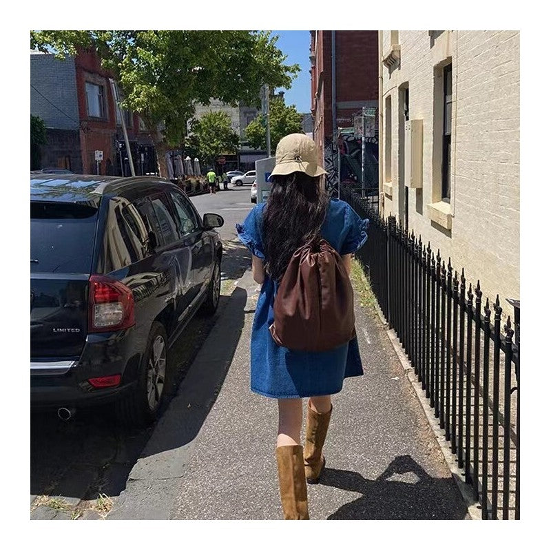 Fashionable Denim Dress with Frilled Cuffs and Pockets