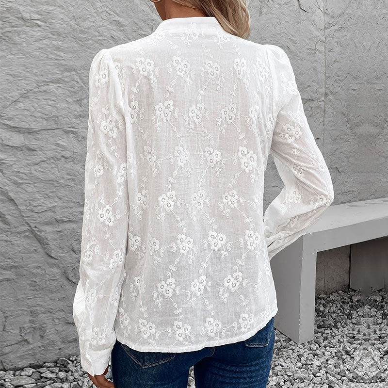 White Lace Embroidered Long Sleeve Blouse