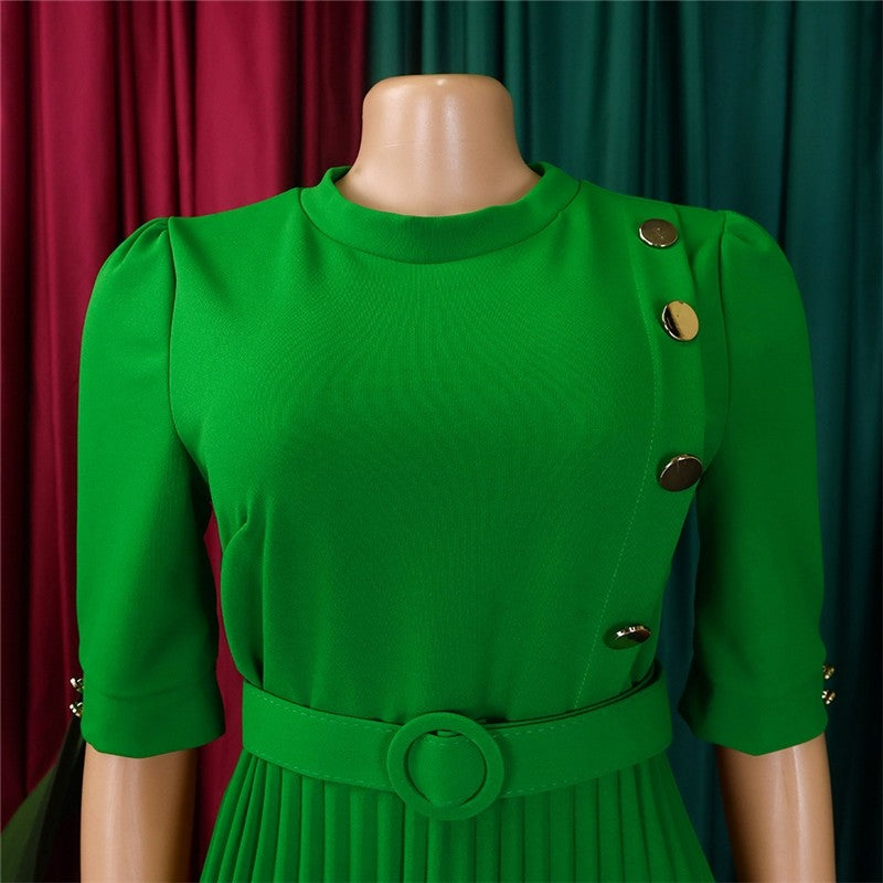 Solid Color Pleated Button Front Dress