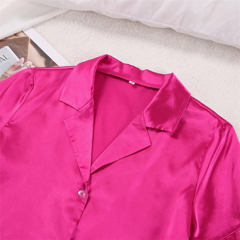 Solid Color Satin Short Sleeve Lapel Buttoned Pajama Suit