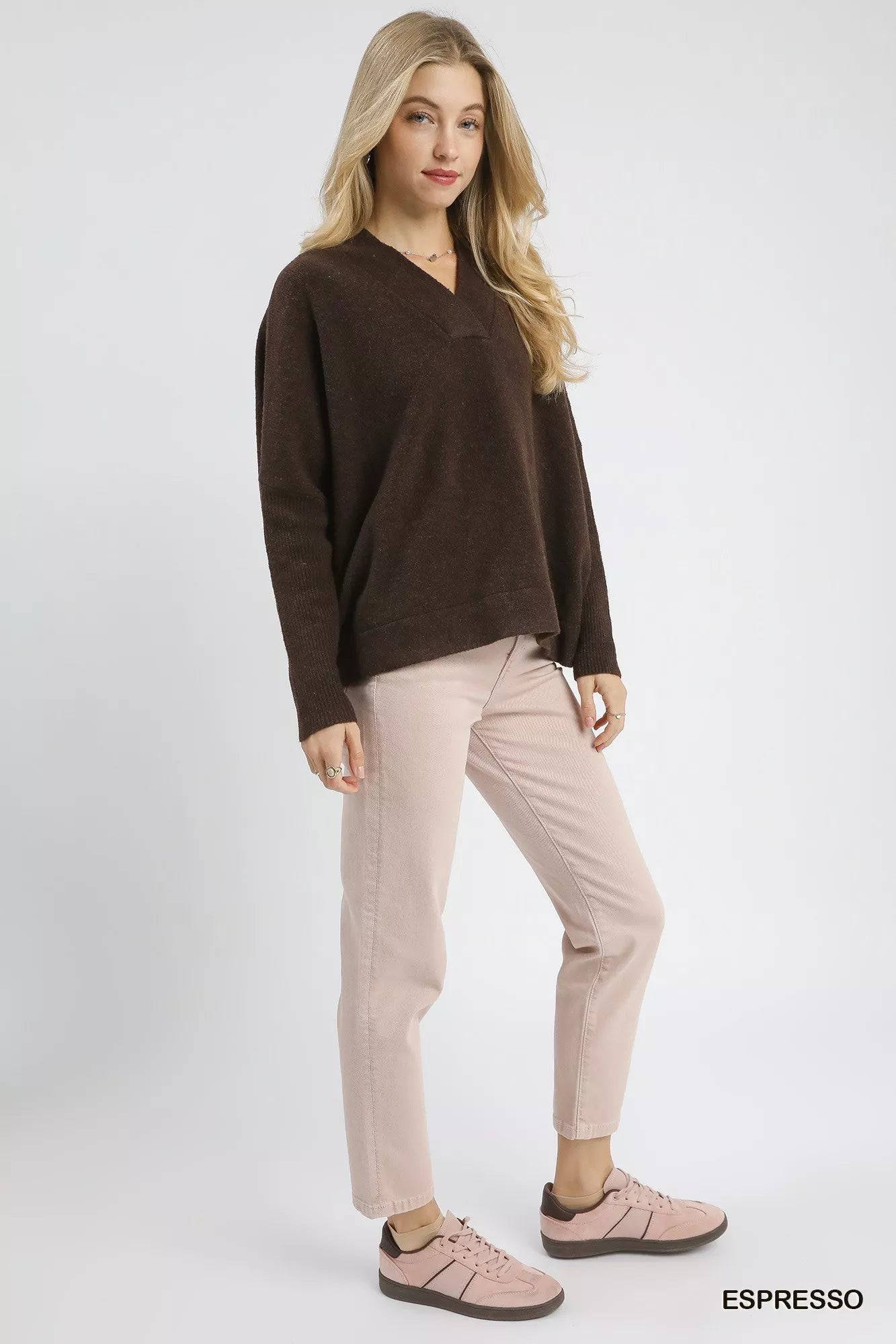 V-Neck Sweater with Wide Trim Detail