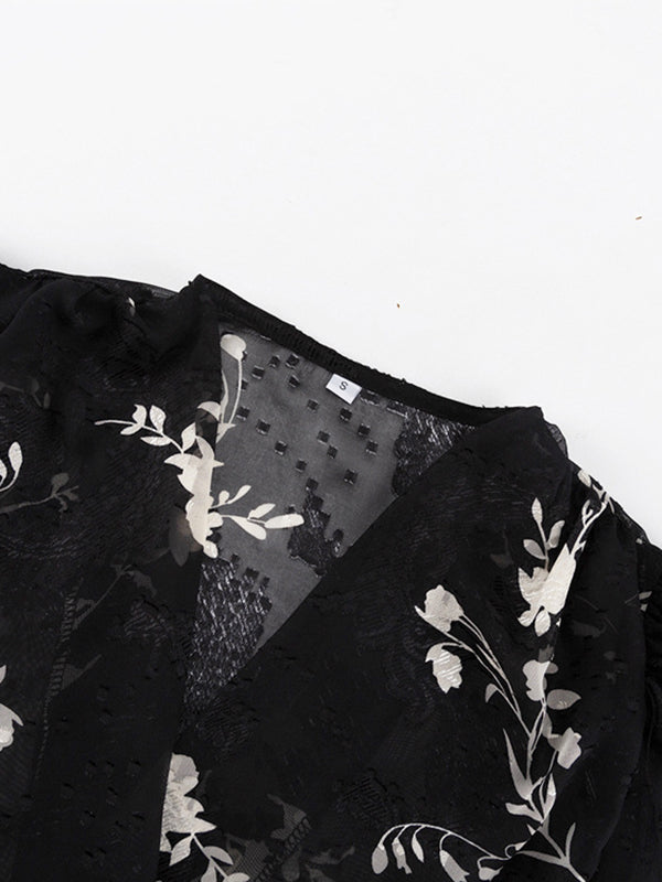 Loose Puff Sleeves Gauze Jacquard Lace-Up Pleated See-Through V-Neck Blouses&Shirts Tops