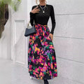 Long Sleeve Stand Collar Floral Printed Patchwork A-Line Tied Maxi Dress