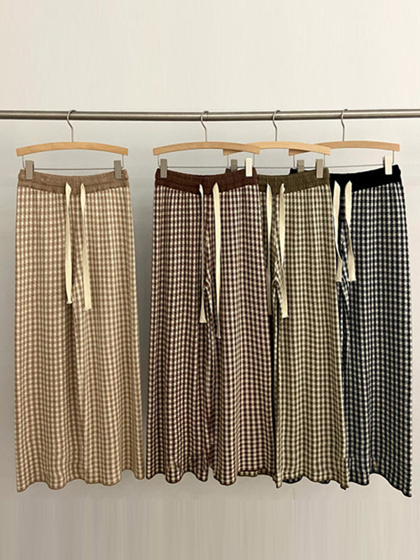 High Waisted Loose Drawstring Elasticity Plaid Pants Trousers