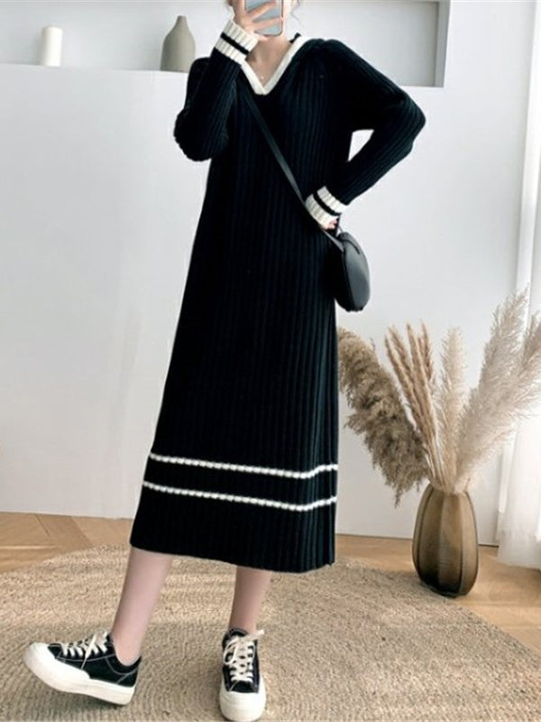 Urban Long Sleeves Loose Striped V-Neck Hooded Sweater Dresses