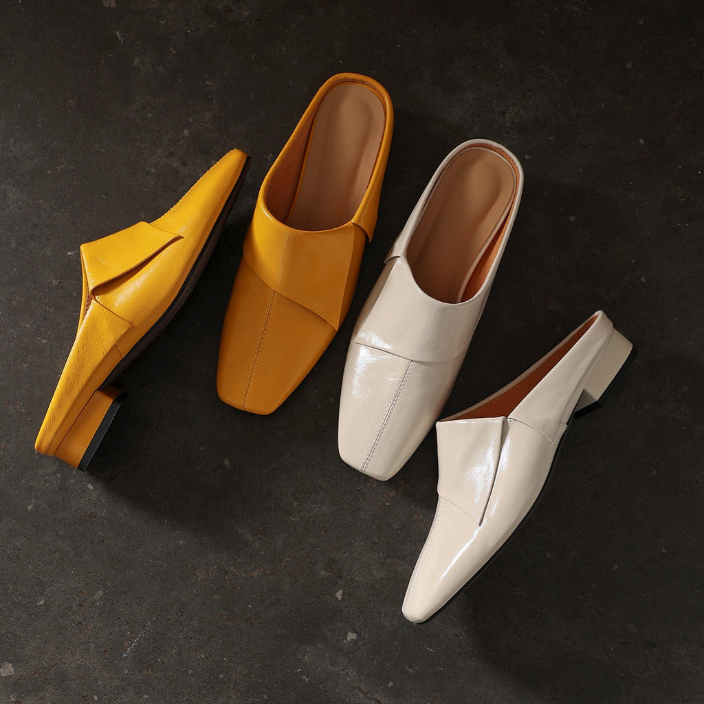 Women's Vintage Cowhide Fold-Over Mules | Square Toe Low Block Heel Backless Loafers