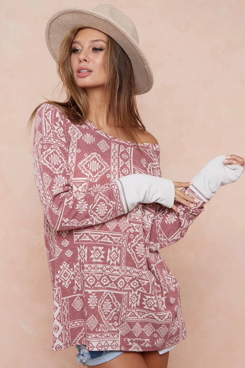 Aztec Print French Terry Top with Thumb Opening