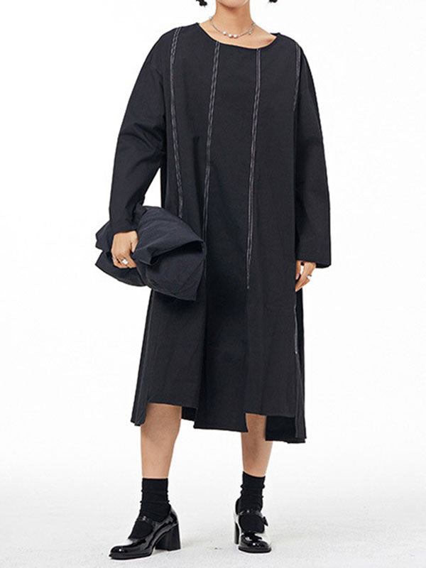 Irregular Clipping Long Sleeves Split-Joint Round-Neck Midi Dresses