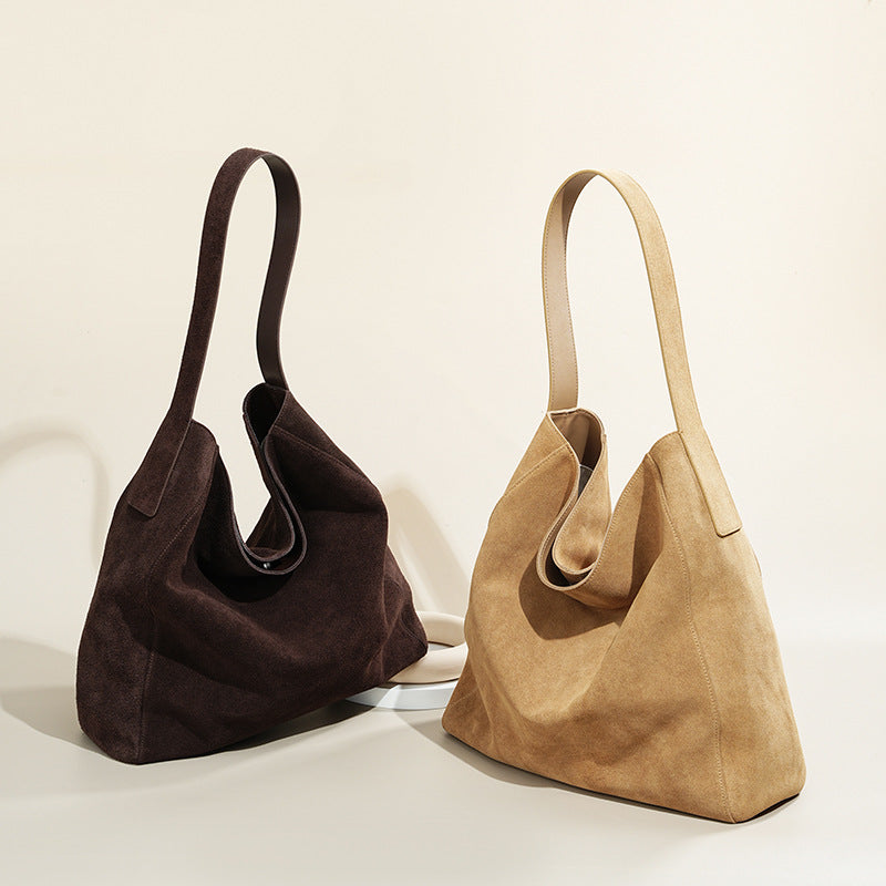 Women's Minimalist Suede Leather Tote Bag - Genuine Leather Shoulder Bag with Zipper Pockets