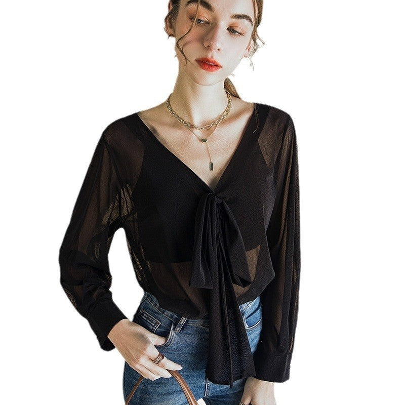 Solid Color V-Neck Bandage Long Sleeve Sheer T-Shirt