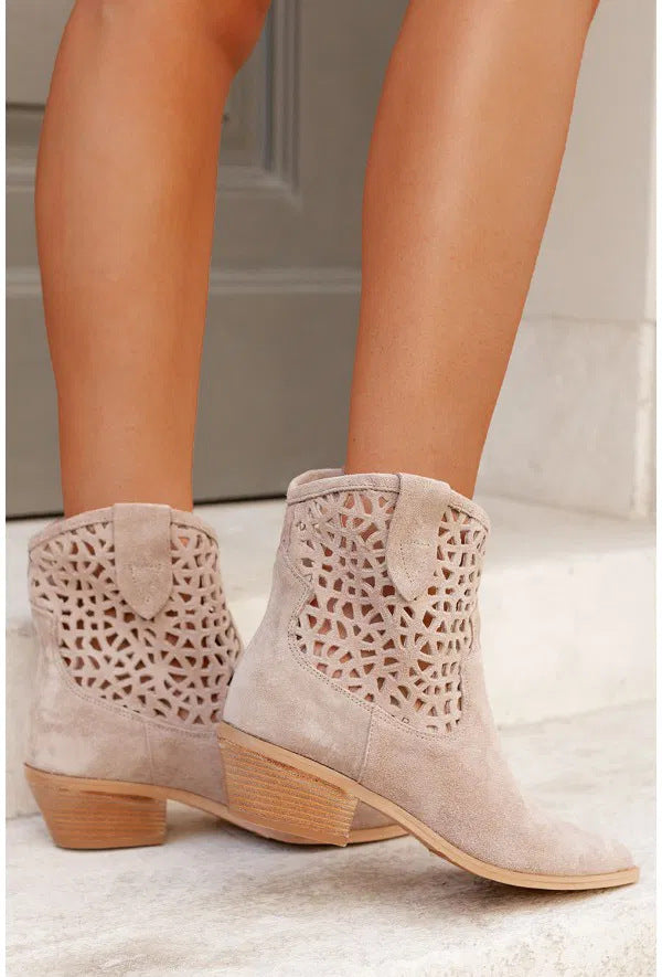Women's Chunky Heel Ankle Boots - Pointed Toe Slip-On Boots with Cutout Design