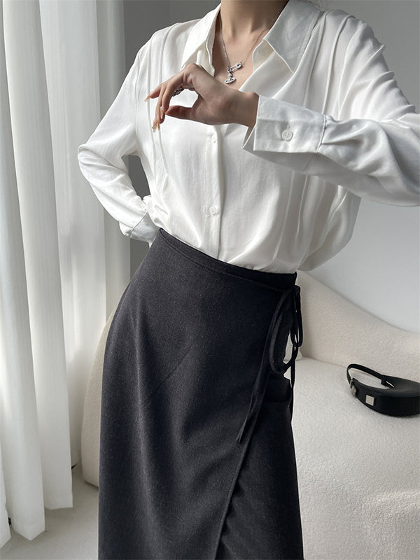 Long Sleeves Loose Pleated Split-Joint Lapel Blouses&Shirts Tops