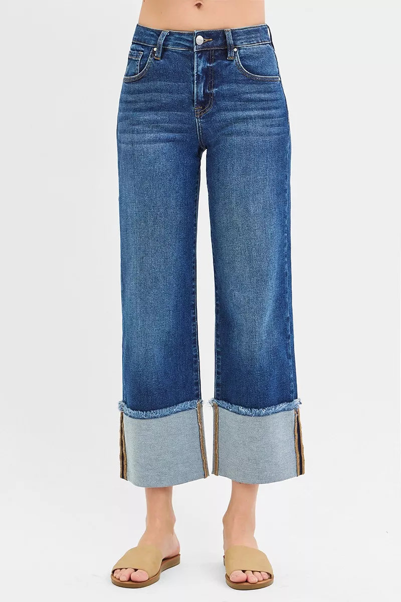 Full Size Mid Rise Crop Wide Wide Cuffed Jeans Plus Size