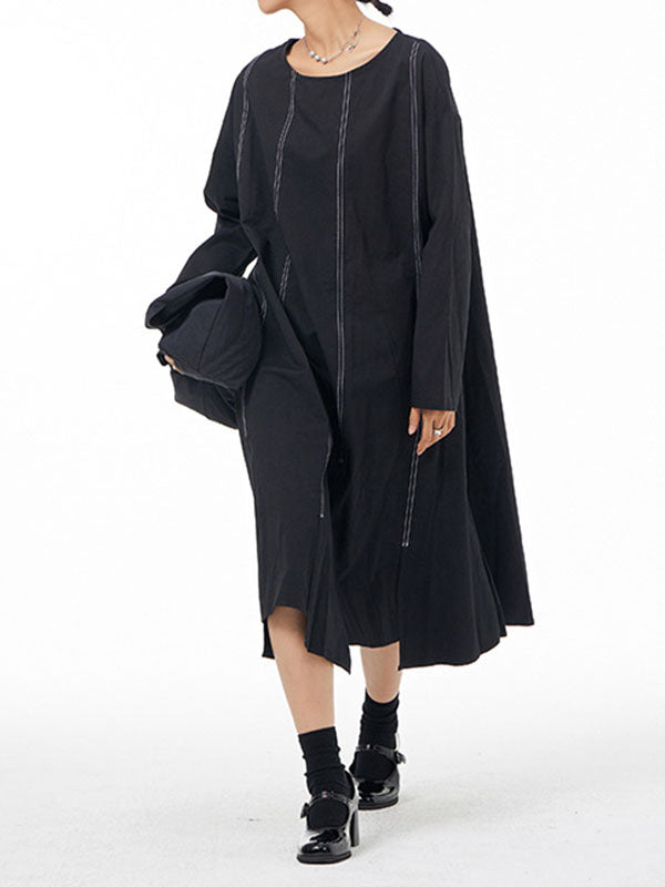 Irregular Clipping Long Sleeves Split-Joint Round-Neck Midi Dresses