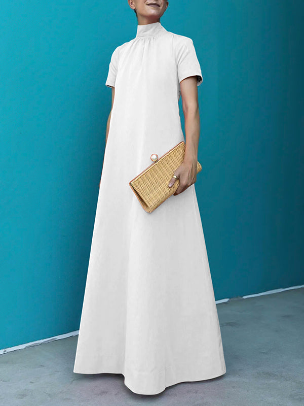 Relaxed Fit Short Sleeve Solid Color High-Neck Maxi Dress