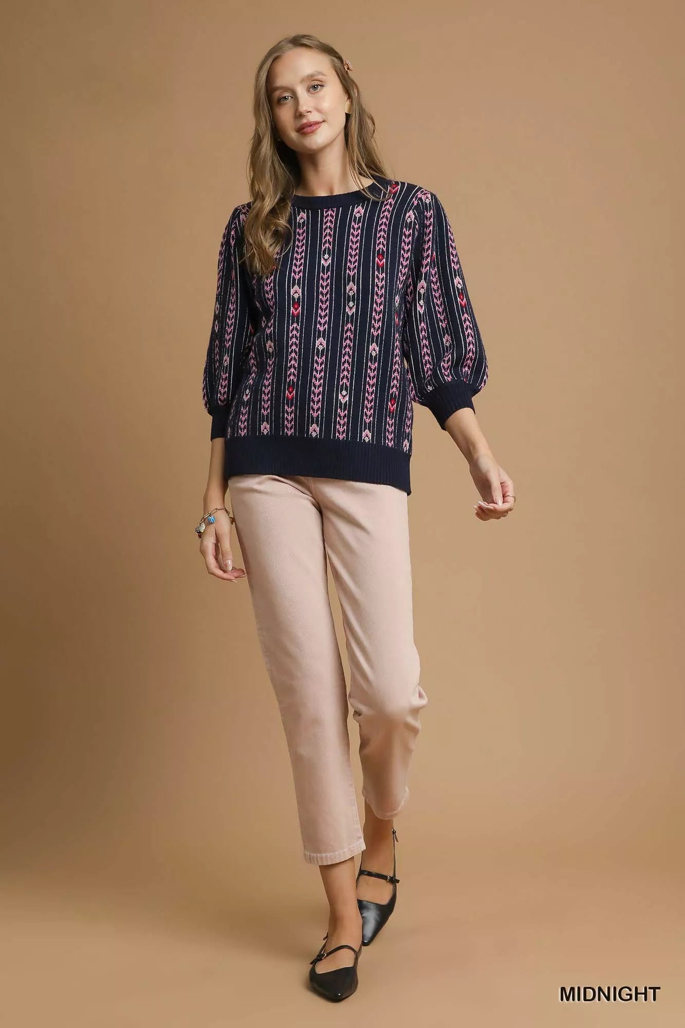 Jacquard Knit Puff Sleeve Sweater