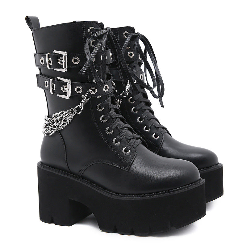 Women's Chunky Heel Platform Boots Side Zip Rivet Belt Buckle Mid-Calf Boots